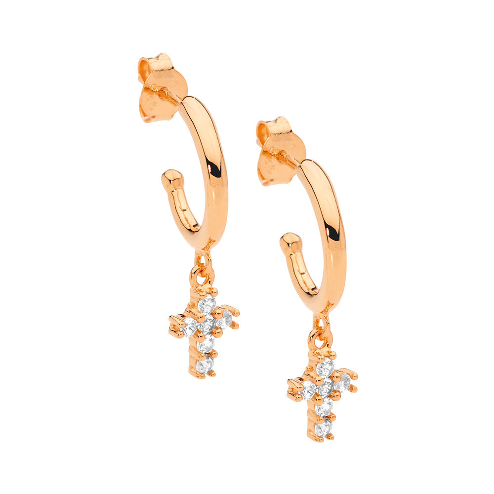 Stainless Steel, Rose Gold Plated CZ Cross Drop Studs