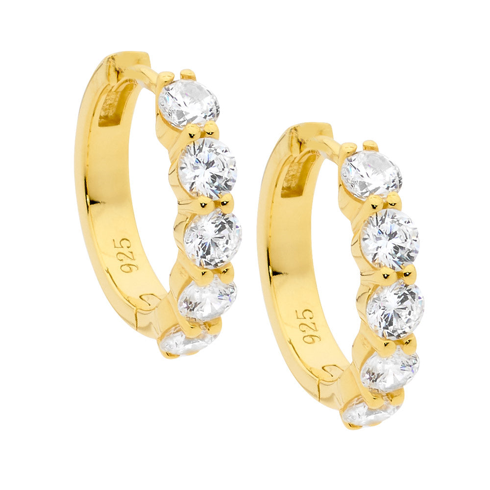 Sterling Silver 17mm hoop earrings, 5x3.5mm cz, gold plating