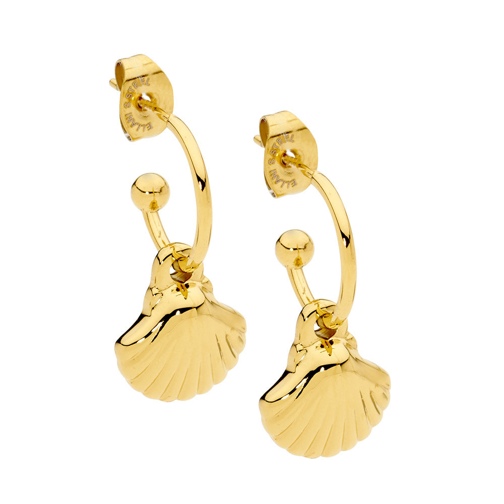 Stainless steel 12mm hoop earrings with shell drop & gold IP plating