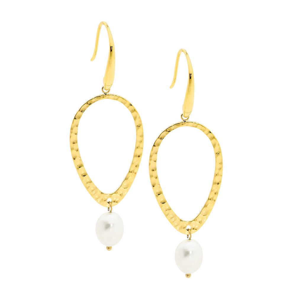 Stainless steel hammered open tear, freshwater pearl earrings, gold IP plating