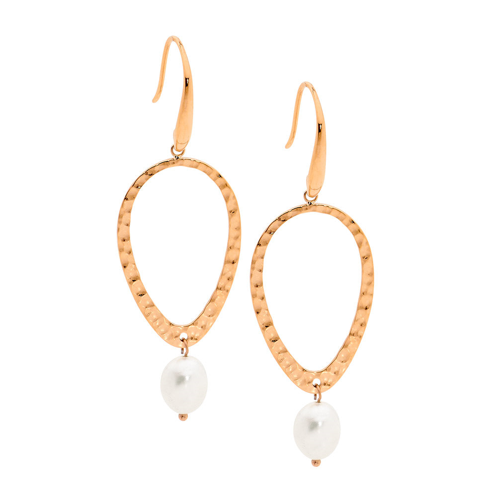 Stainless steel hammered open tear, freshwater pearl earrings,rose gold IP plating