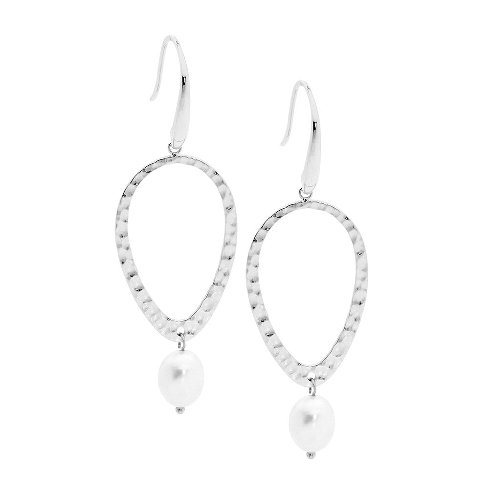 Stainless Steel Open Tear Drop Freshwater Pearl Hammered Earrings