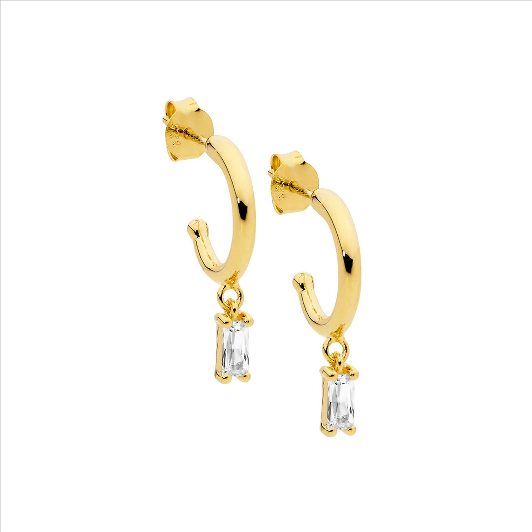 Sterling Silver 13mm hoop earrings, cz baguette drop, gold plating