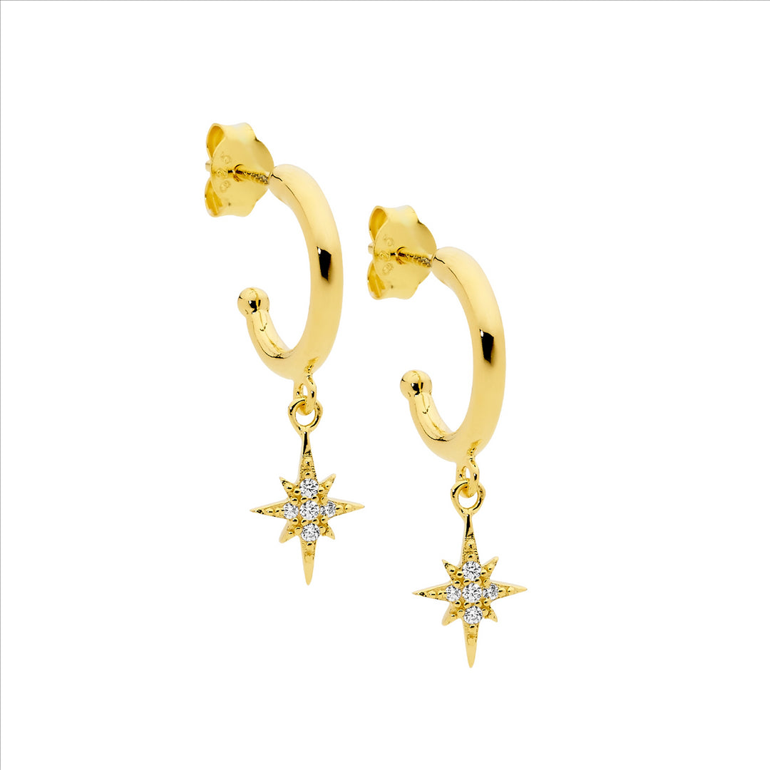 Sterling Silver 13mm hoop earrings,cz star drop, gold plating