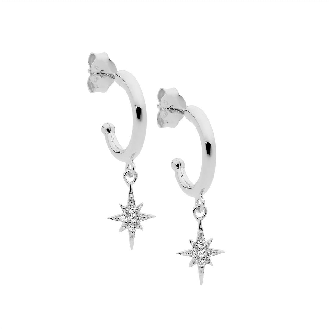 Sterling Silver 13mm hoop earrings, cz star drop