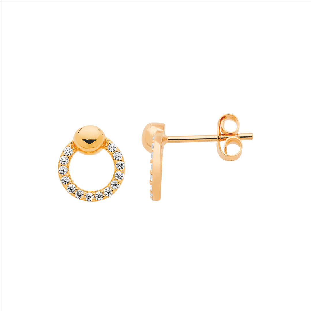 Sterling Silver CZ 9mm open circle earrings, ball feature rose gold plating