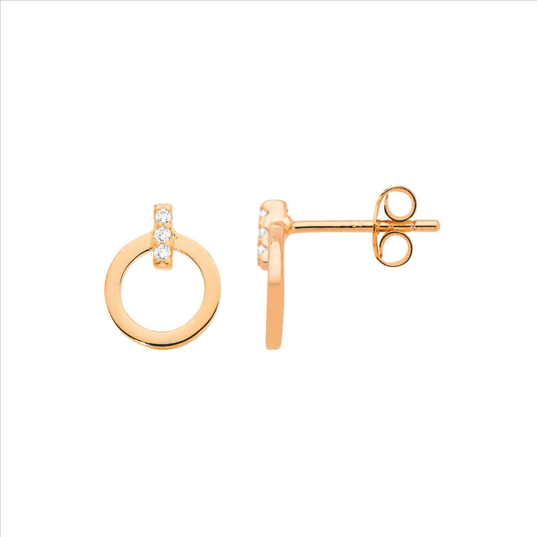 Sterling Silver 9mm open circle, CZ bar feature stud earrings, rose gold plating