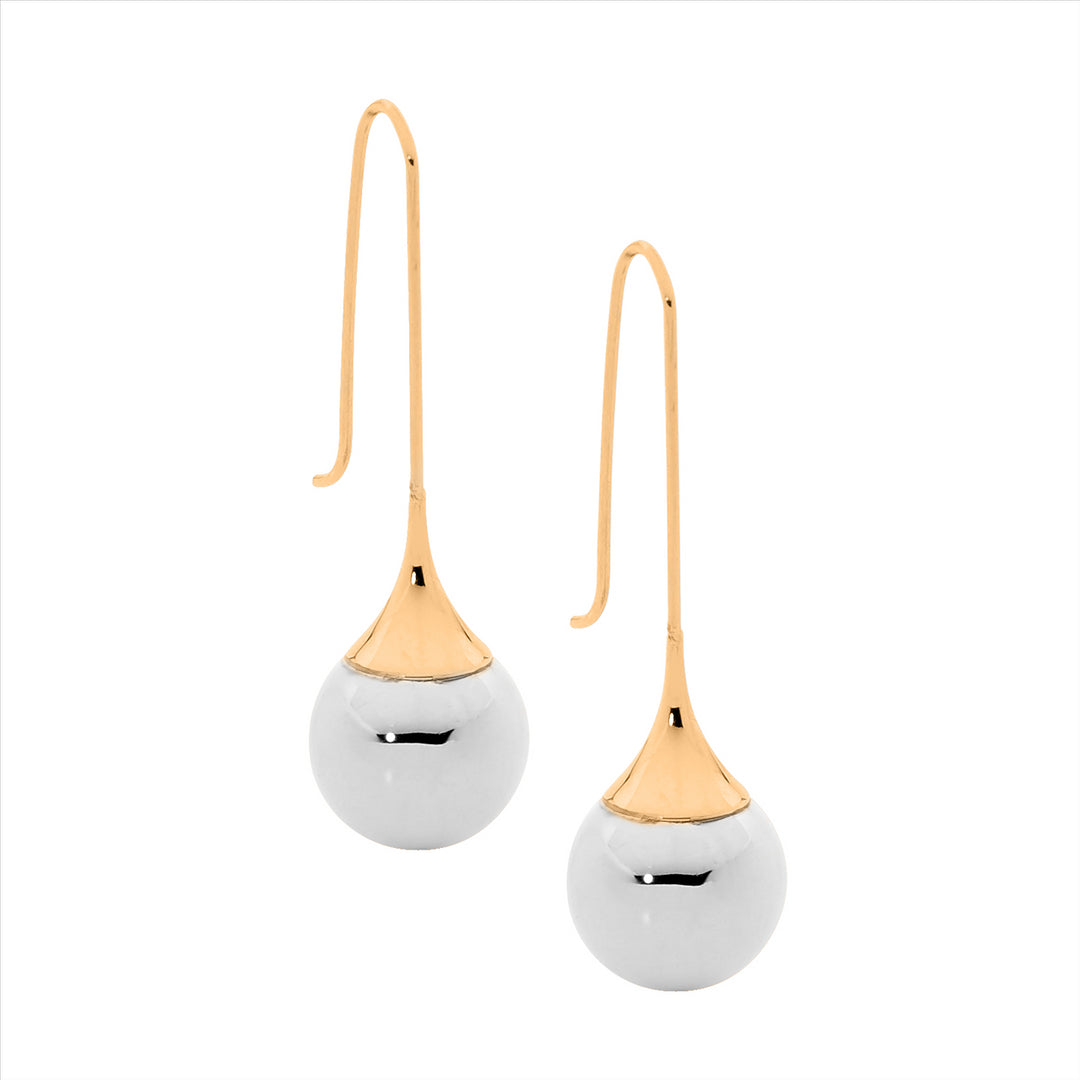 Stainless steel long drop earrings, ball, rose gold IP plating shp hook