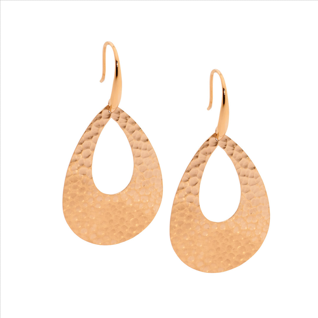 Stainless steel hammered open tear drop earrings, rose gold IP plating