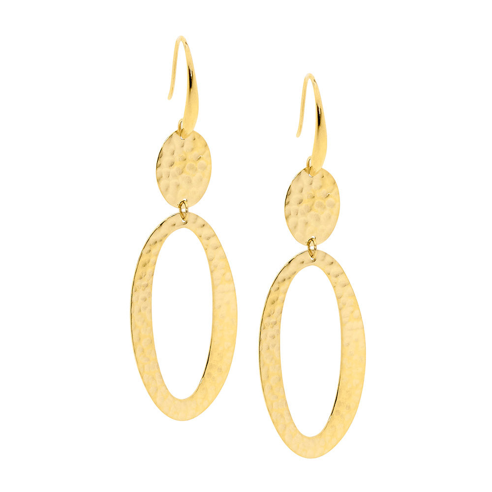 Stainless steel hammered double oval abstract drop earrings, gold IP plating