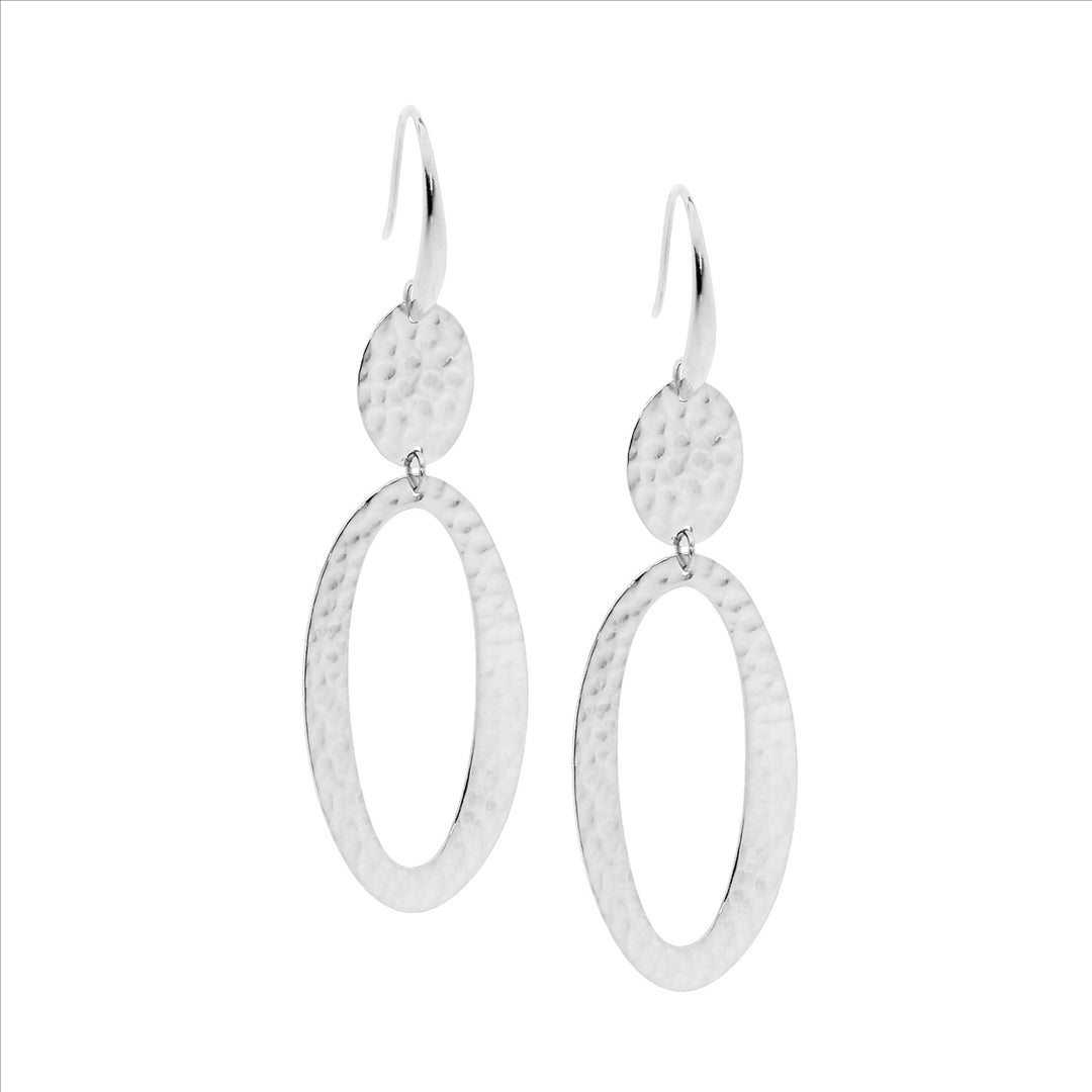 Stainless steel hammered double oval abstract drop earrings