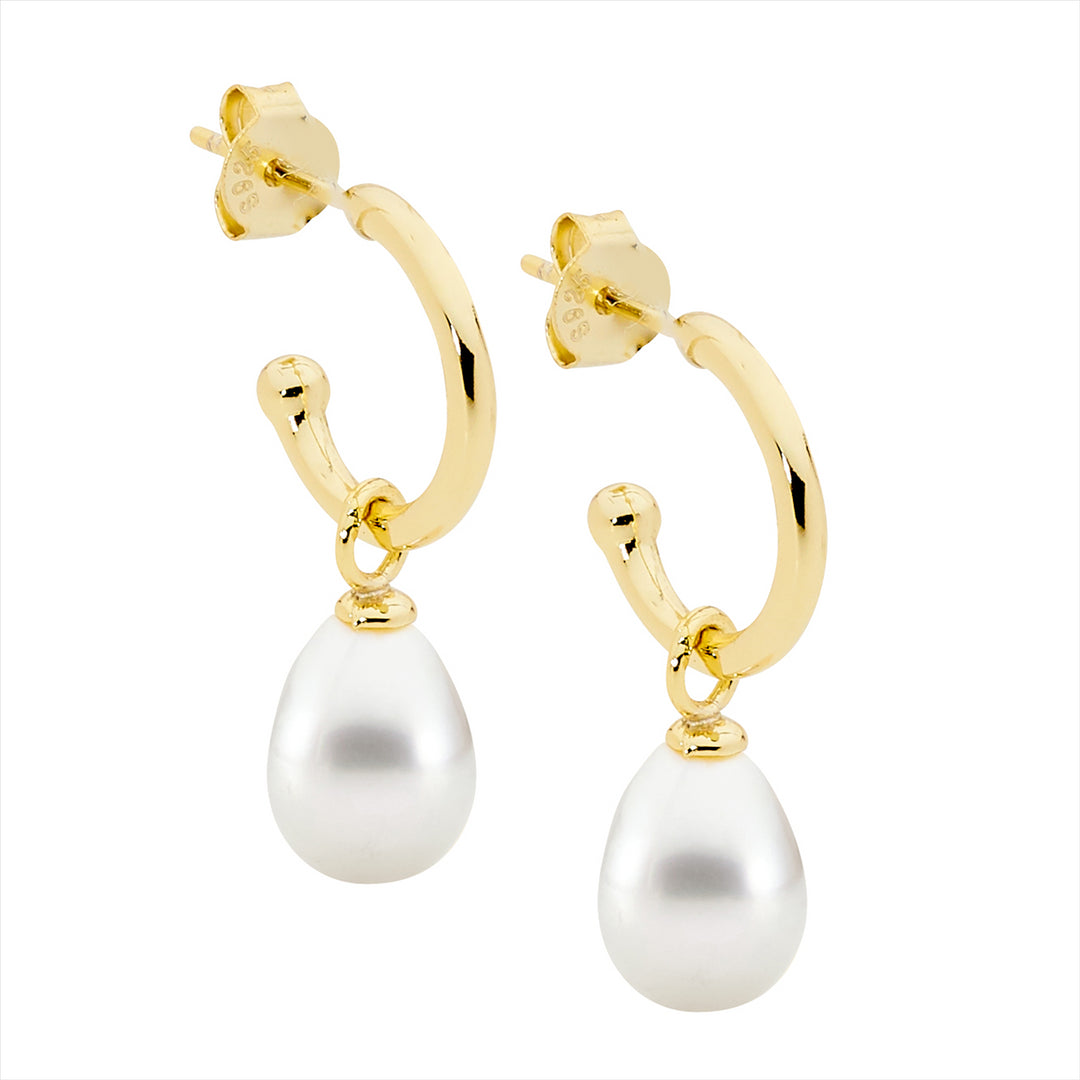 SS 13mm hoop earrings w/ freshwater pearl drop & gold plating