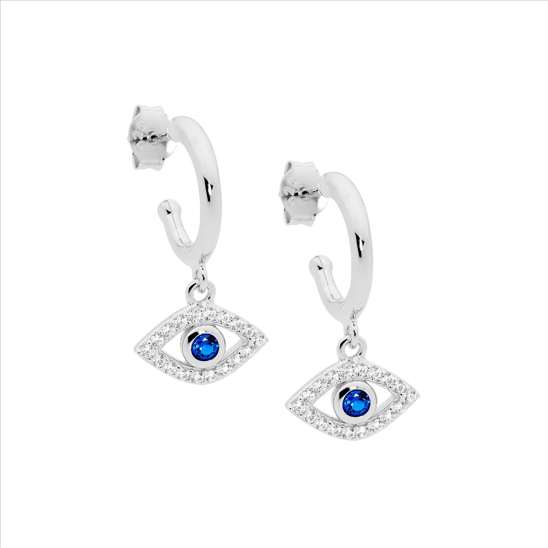 SS 13mm hoop earrings w/wh & blue cz bezel set evil eye drop
