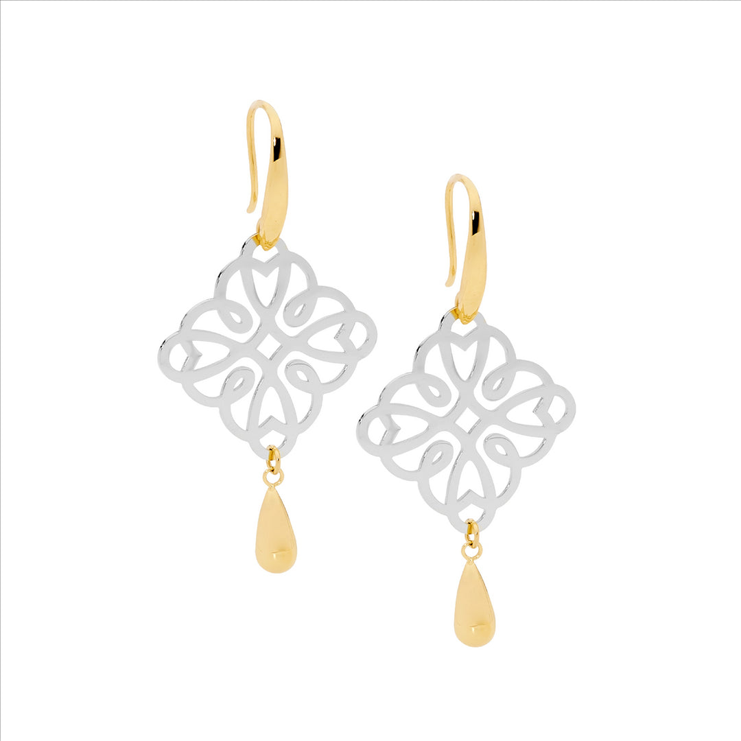 Stainless steel filigree square w/ drop tear, 2 tone gold IP plating
