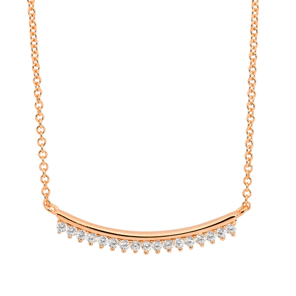 Sterling Silver 25mm curved bar, claw set cz, 42+5cm necklace, rose gold plating