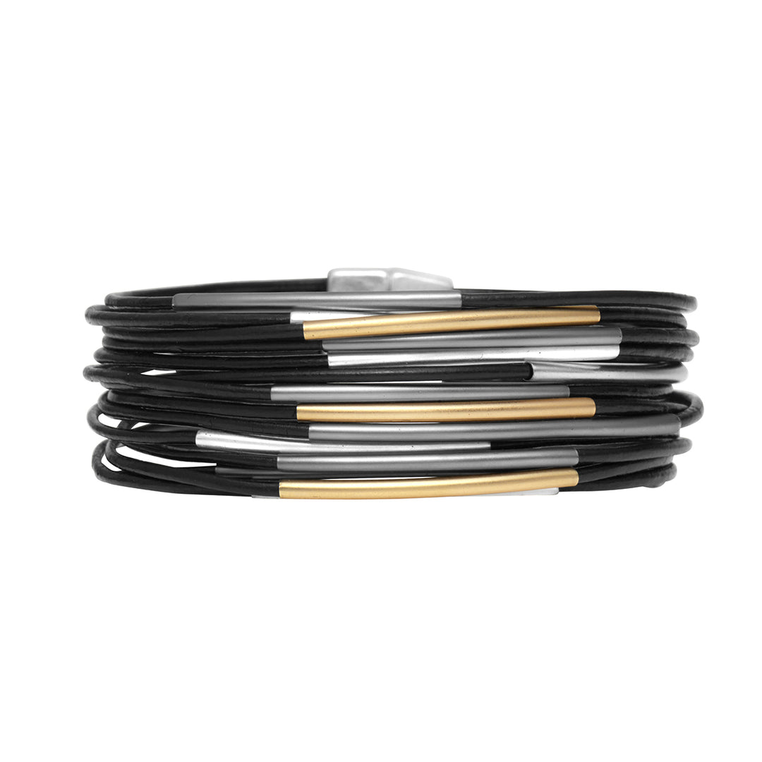 Dansk - Raphaelle black calf leather & Gold/Silv/Hematite colour ion plated 19.5cm bracelet with magnetic clasp