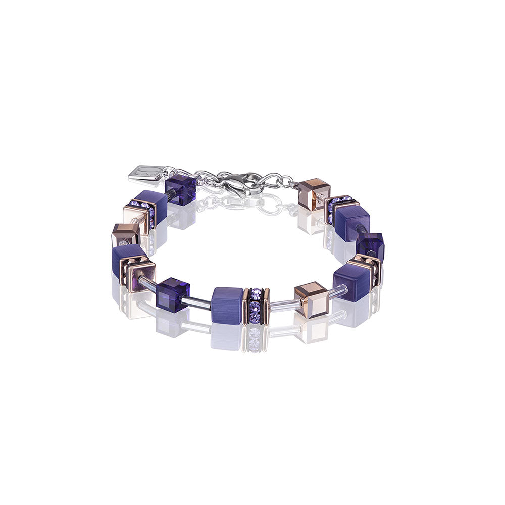 CDL - purple geo-cube st/stl w/rose gold pl, rhinestone, synthetic tiger eye & Swarovski crystals