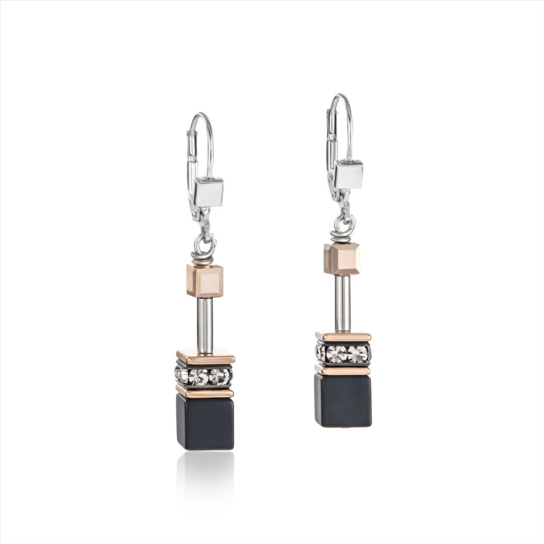 CDL - geo-cube st/stl rose gold pl w/onyx, rhinestone & Swarovski crystals with st/sil fittings