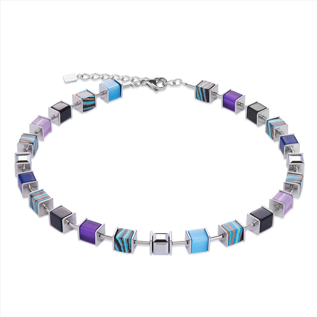 Necklace - CDL - St/sl, Blue/purple geo cube, synthetic Malachite & Tiger eye/Polaris/glass & Swarovski crystals