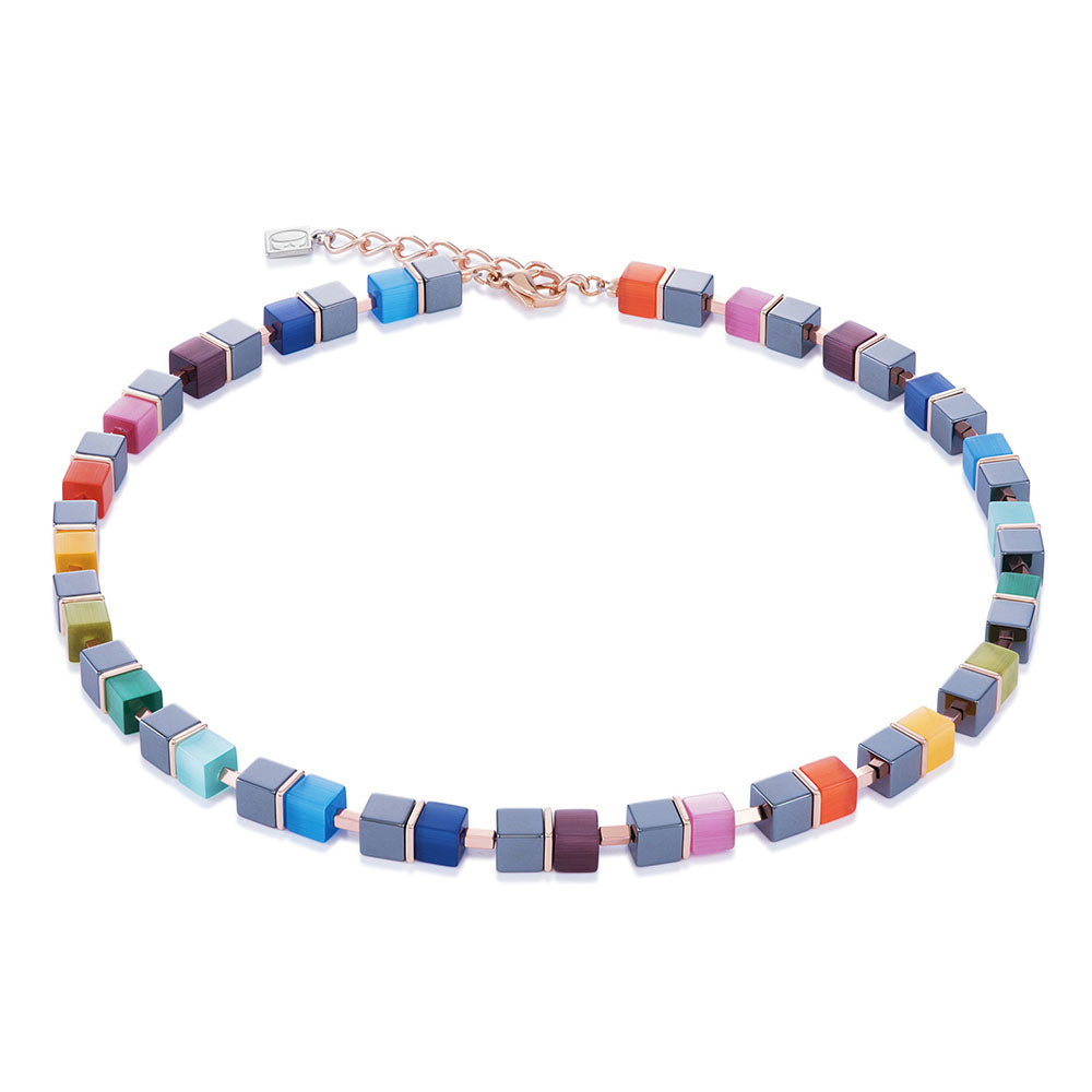 CDL - Rose gold plated stainless steel with multi coloured synthetic Tiger eye, Haematite & titanium oxide haematite