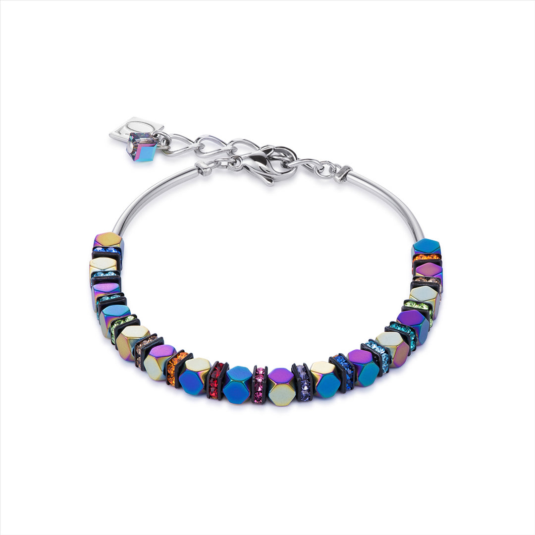 Bracelet - CDL Stainless steel with multi coloured crystal rondelles & titanium oxide haematite