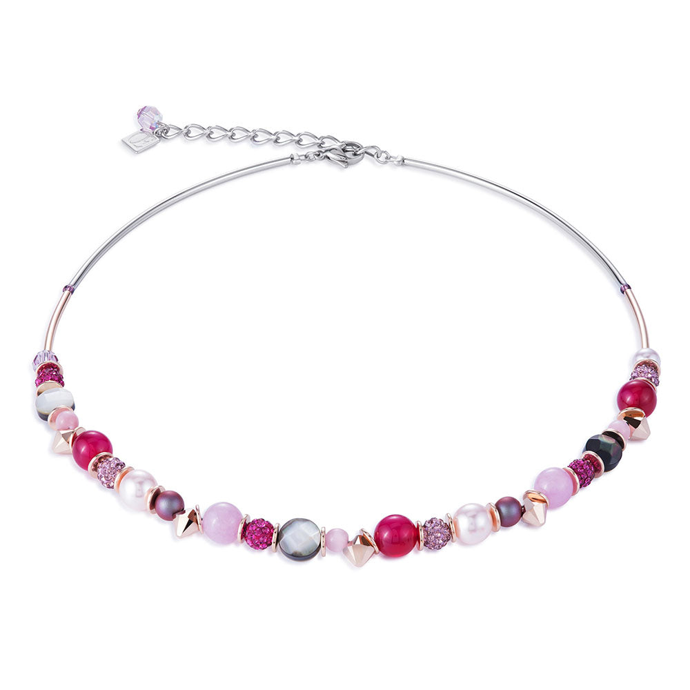 CDL pink, rose gold pl Stainless steel & varnished brass with agate/coloured rock crystals/mop/synthetic tiger eye/Swarovski crystals & crystal pearls