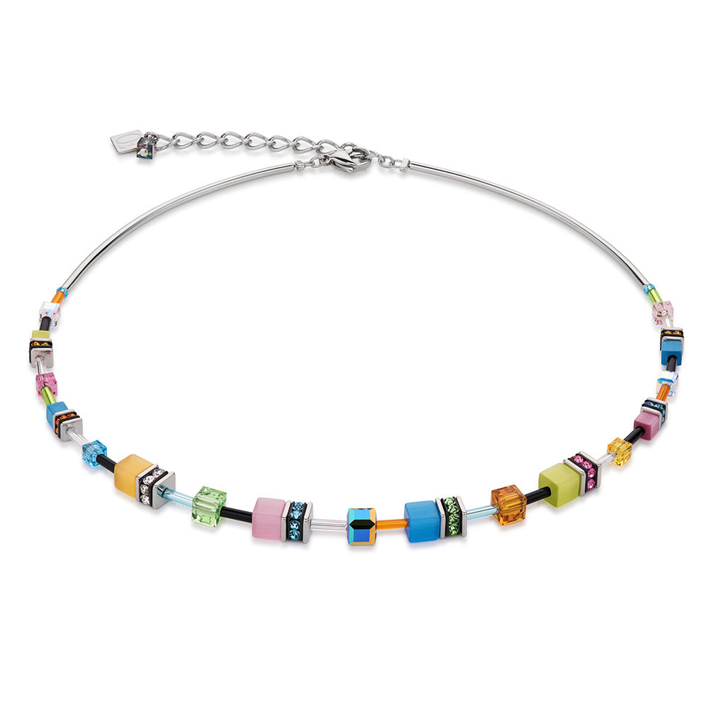 Necklace - CDL multi colour pastel graduated geo-cubeSt/Stl with Rhinestone, glass, synthetic Tigers eye, polaris & Swarovski crystals