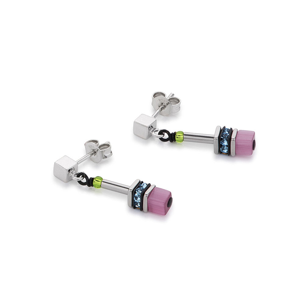 CDL multi colour pastel small geo-cube,St/Stl with Rhinestone, glass, synthetic Tigers eye, polaris &Swarovski crystals