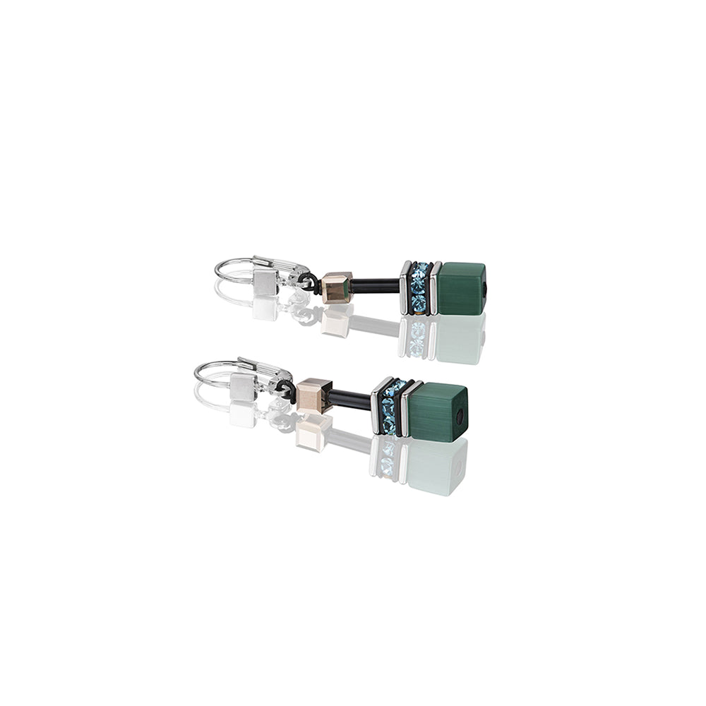 CDL green petrol geo-cubeSt/Sstl w/rhinestone, glass, synthetic Tigers eye, polaris &Swarovski crystals