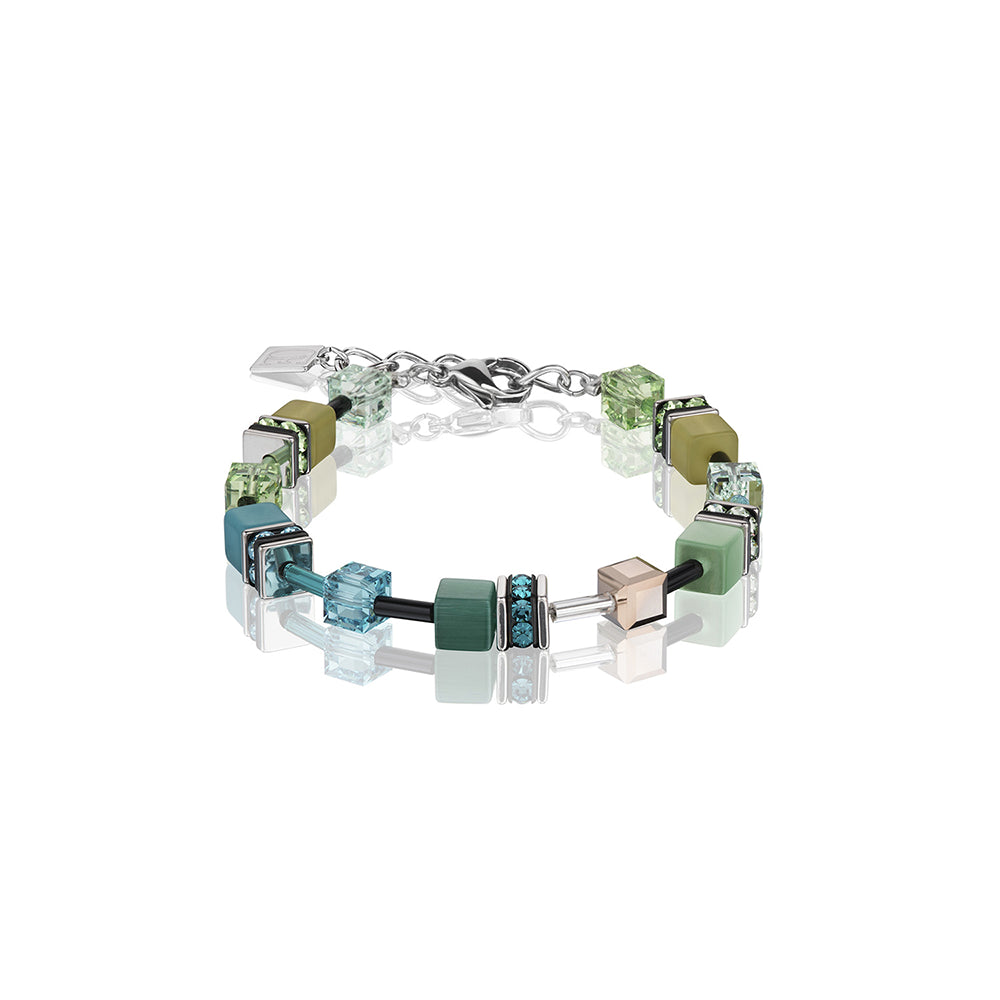 Bracelet- CDL green petrol geo-cubeSt/Sstl w/ rhinestone, glass, synthetic tigers eye, polaris & Swarovski crystals