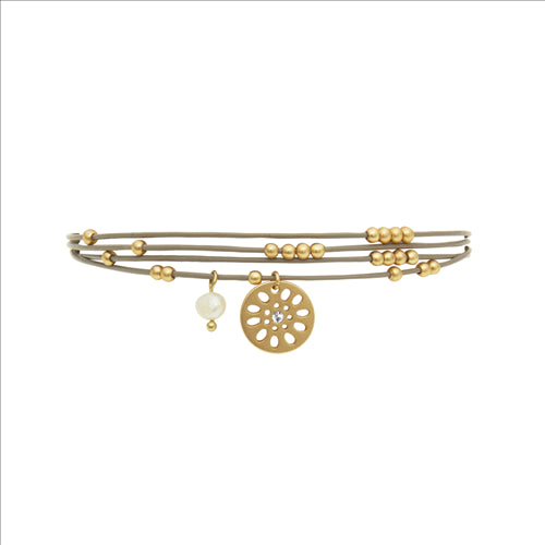Dsk7c5228 - daisy taupe leather & gold colour ion platinum bracelet with baroque freshwater pearl & cubic zirconia 17cm plus ext.