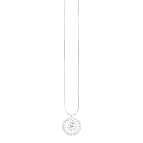 Dansk,Daisy silver colour ion plated necklace, baroque freshwater pearl, cz, 100cm adjustable