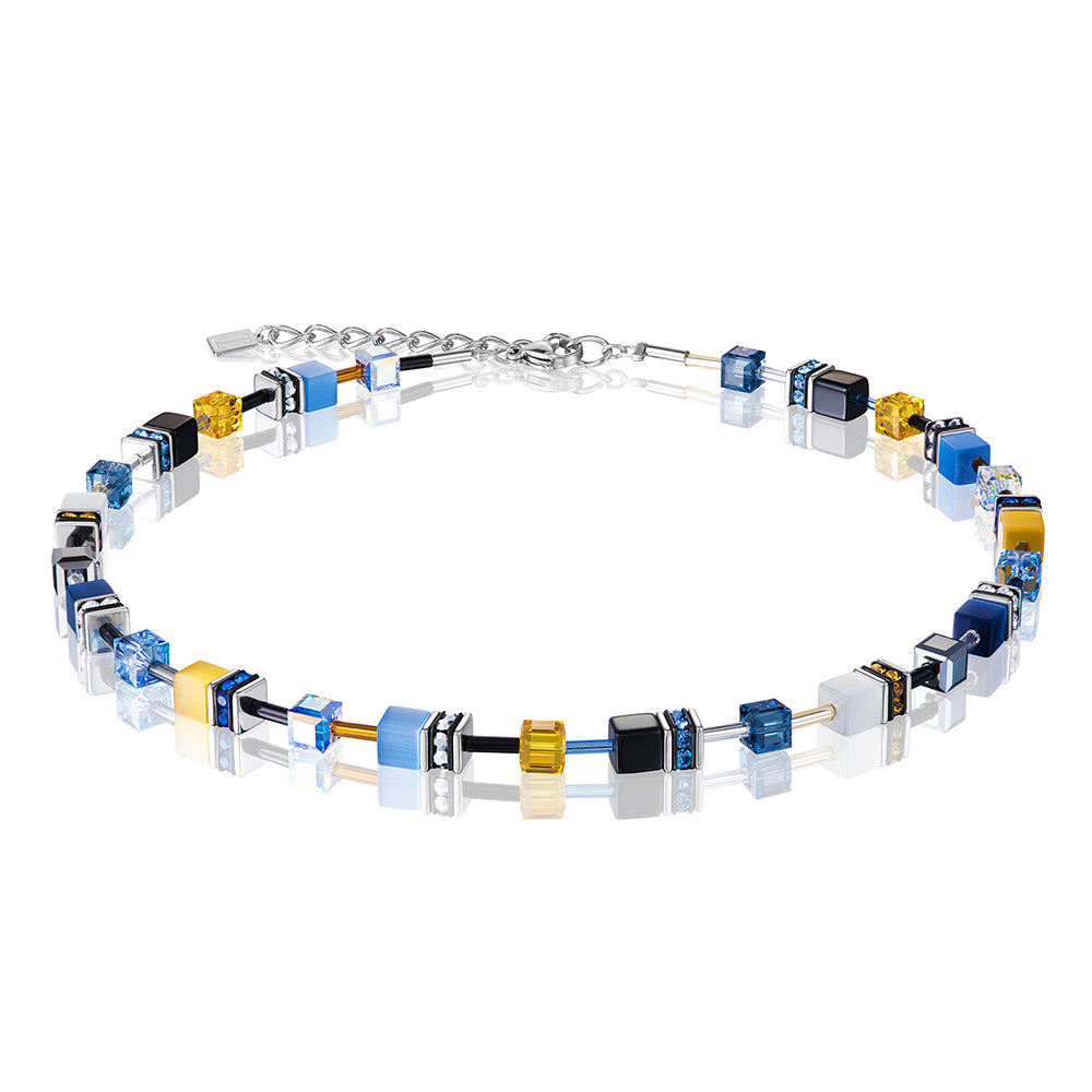 CDL - St/st, blue/yellow geo-cube with Polaris/Rhinestone/ glass/synthetic Tigers eye & Swarovski crystals