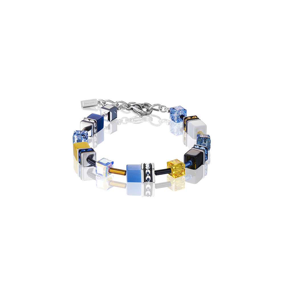 CDL - St/st, blue/yellow geo-cube with Polaris/Rhinestone/ glass/syntheticTigers eye & Swarovski crystals