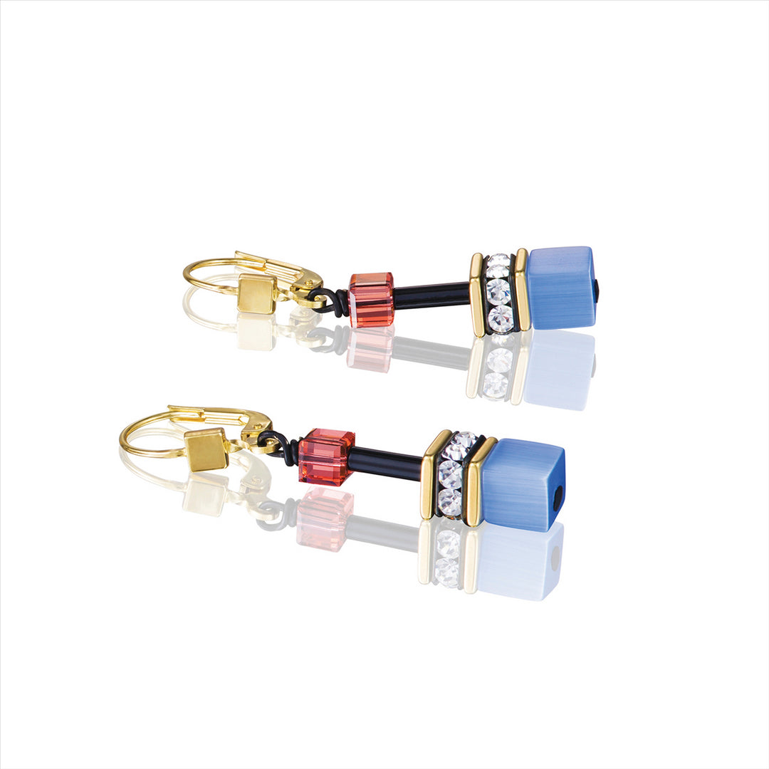 CDL - Gold plated st/st, multi coloured geo-cube with Polaris/Rhinestone/ glass/synthetic tigers eye & Swarovski crystals with sterling silver fittings