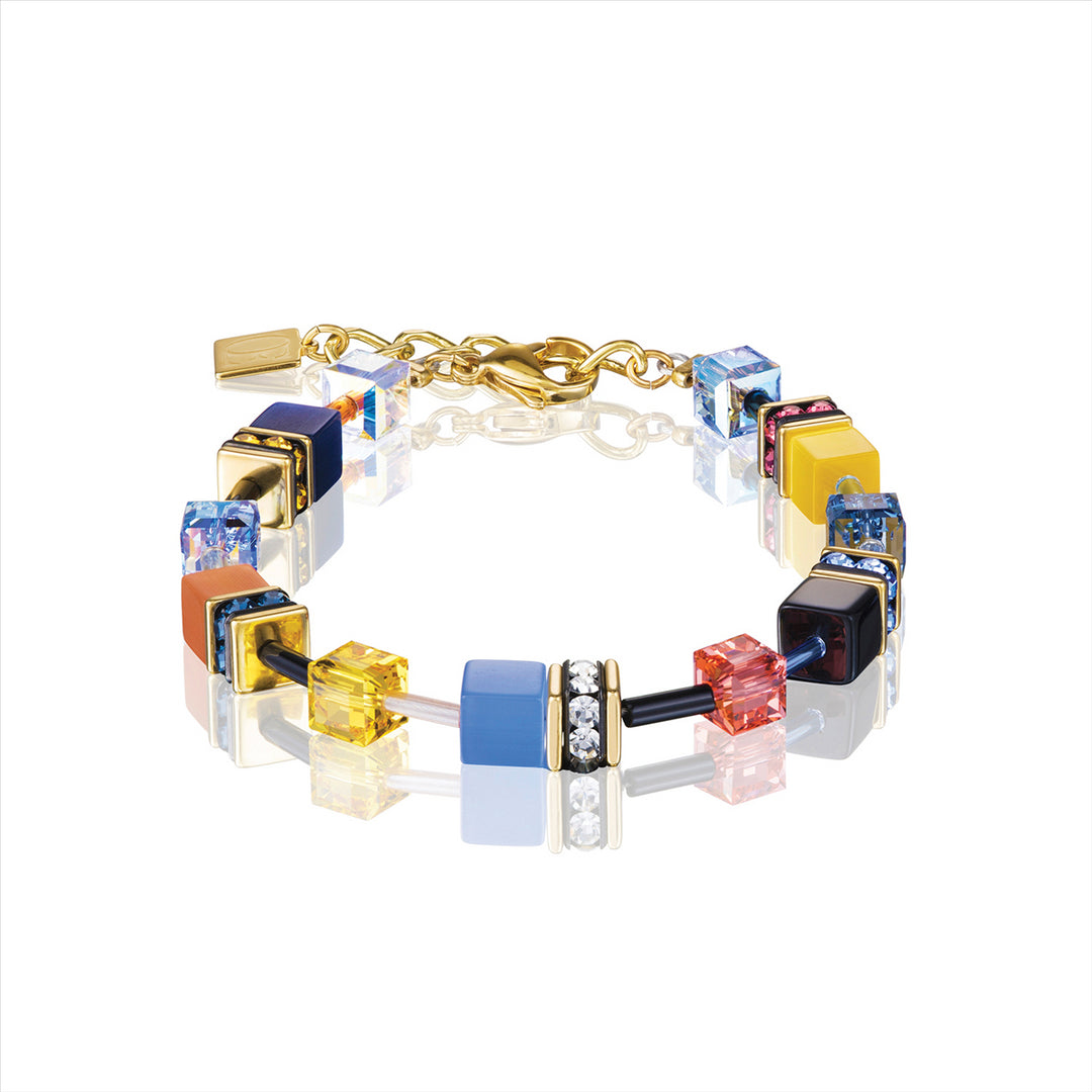Bracelet - CDL - Gold plated st/st, multi coloured geo-cube with Polaris/Rhinestone/ glass/synthetic Tigers eye & Swarovski crystals