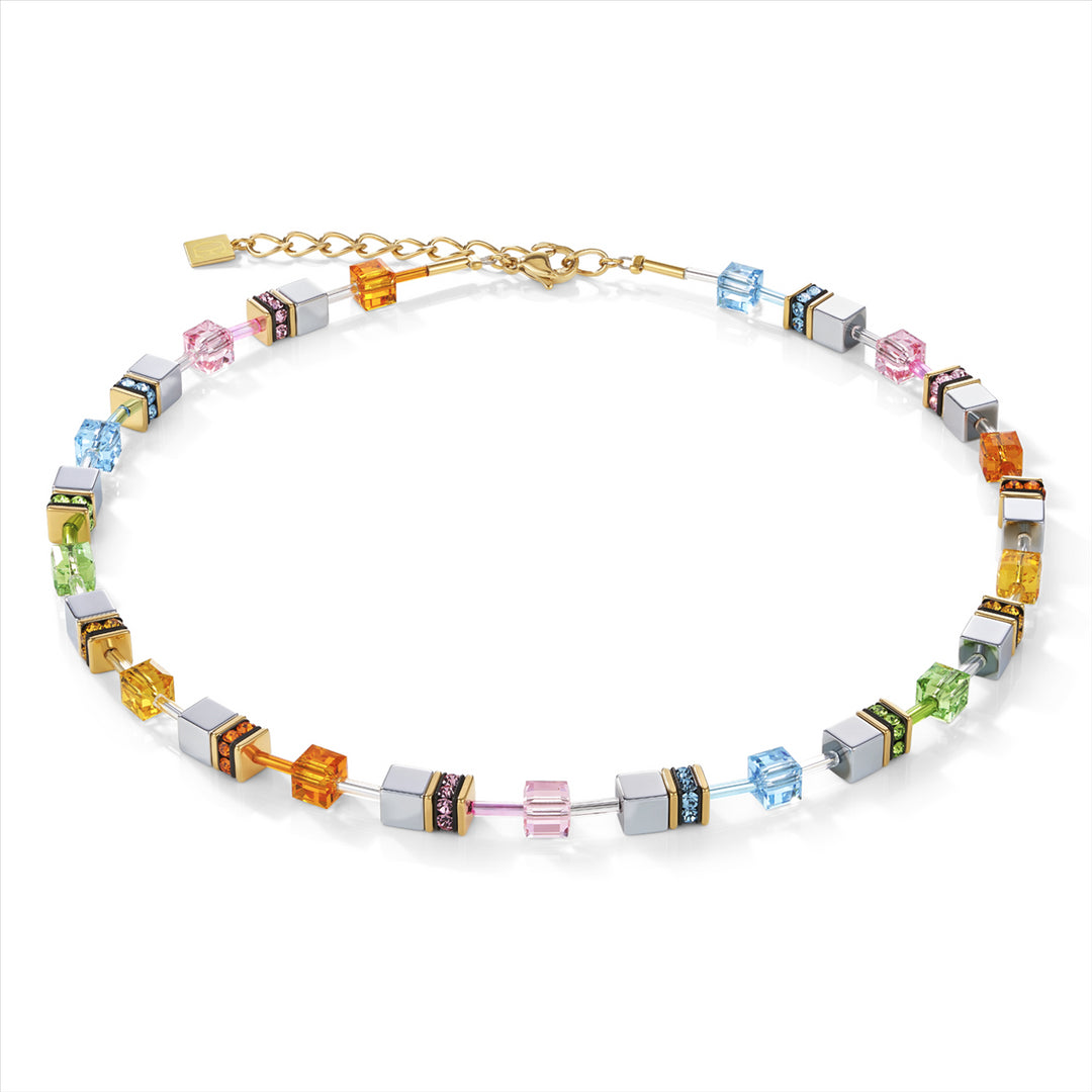 Necklace - CDL - Stainless steel gold plated geo-cube with multi coloured pastels & titanium oxide Hematite/Rhinestones/glass & Swarovski crystals