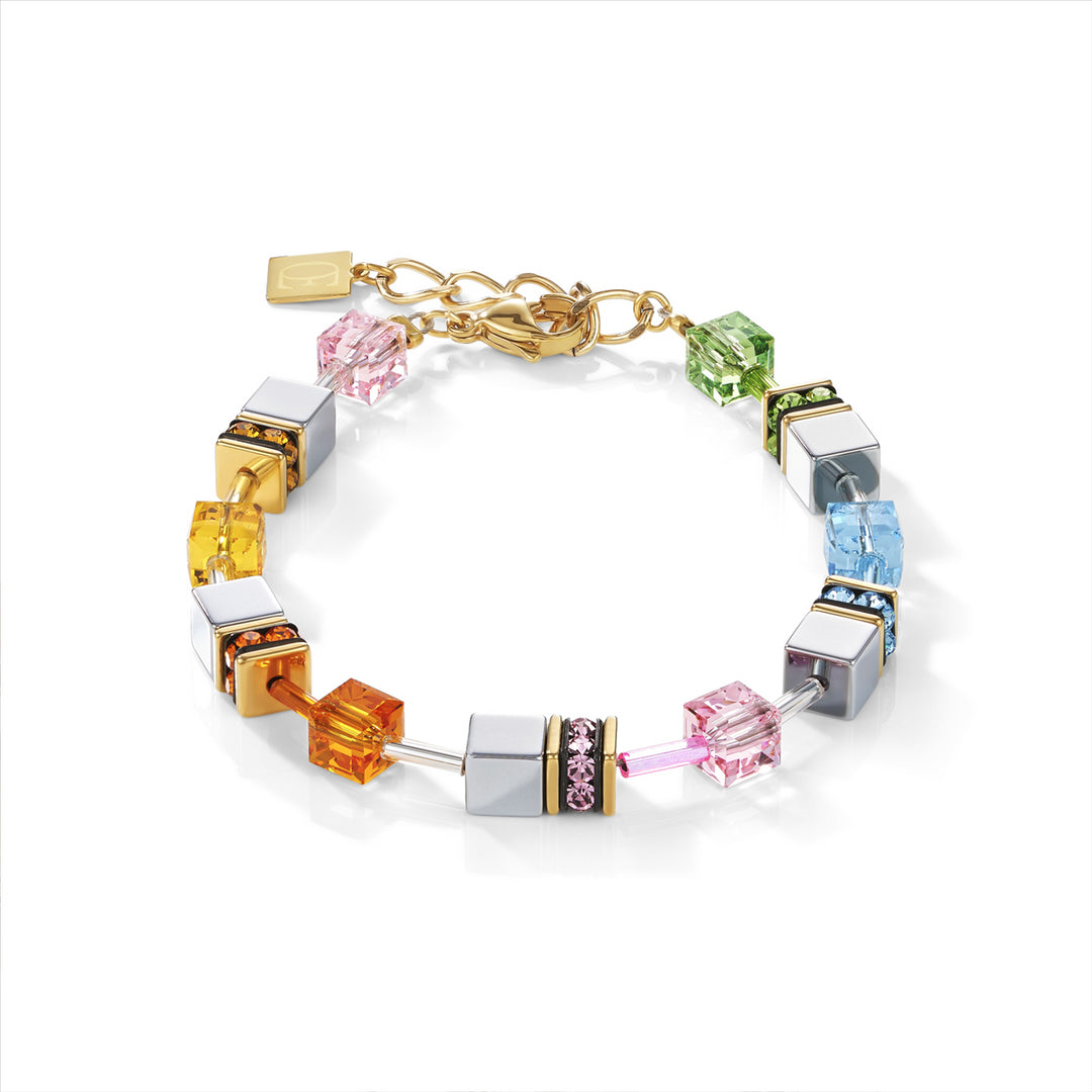 CDL - Stainless steel gold plated geo-cube with multi coloured pastels & titanium oxide Hematite/Rhinestone/glass & Swarovski crystals