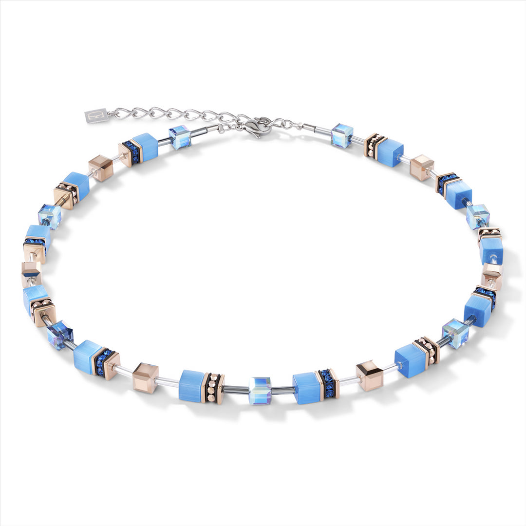 CDL - Blue geo-cube st/stl w/rose gold plate, Rhinestone, synthetic Tiger eye & Swarovski crystals