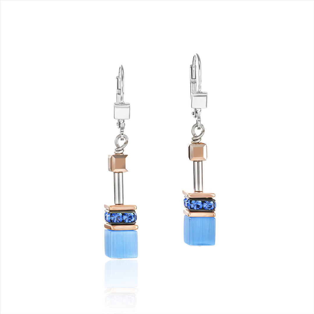Earrings - CDL - Blue geo-cube stainless steel w/rose gold plate, Rhinestone, synthetic tiger eye & Swarovski crystals with sterling silver fittings