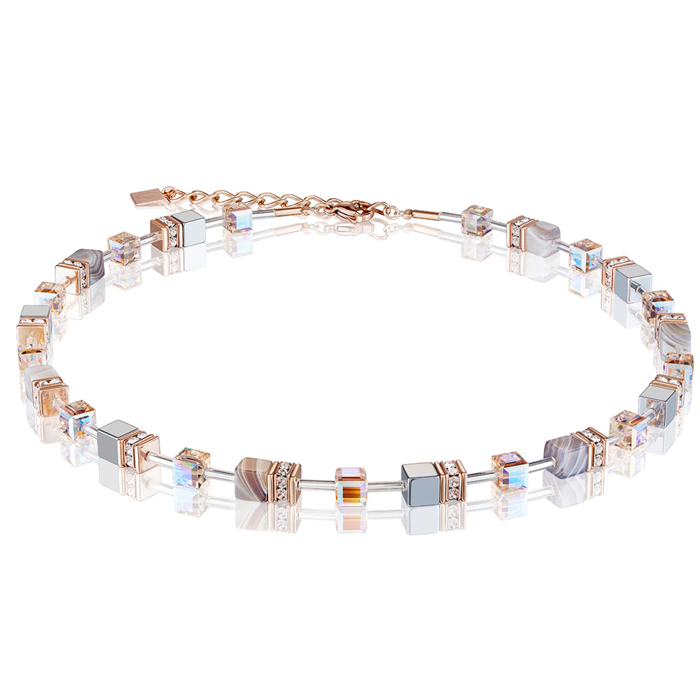 CDL - Natural selection-necklace geo-cube rose gold platinum st/stl with Botswana agate/ rhinestone, oxide titanium haematite & Swarovski crystals
