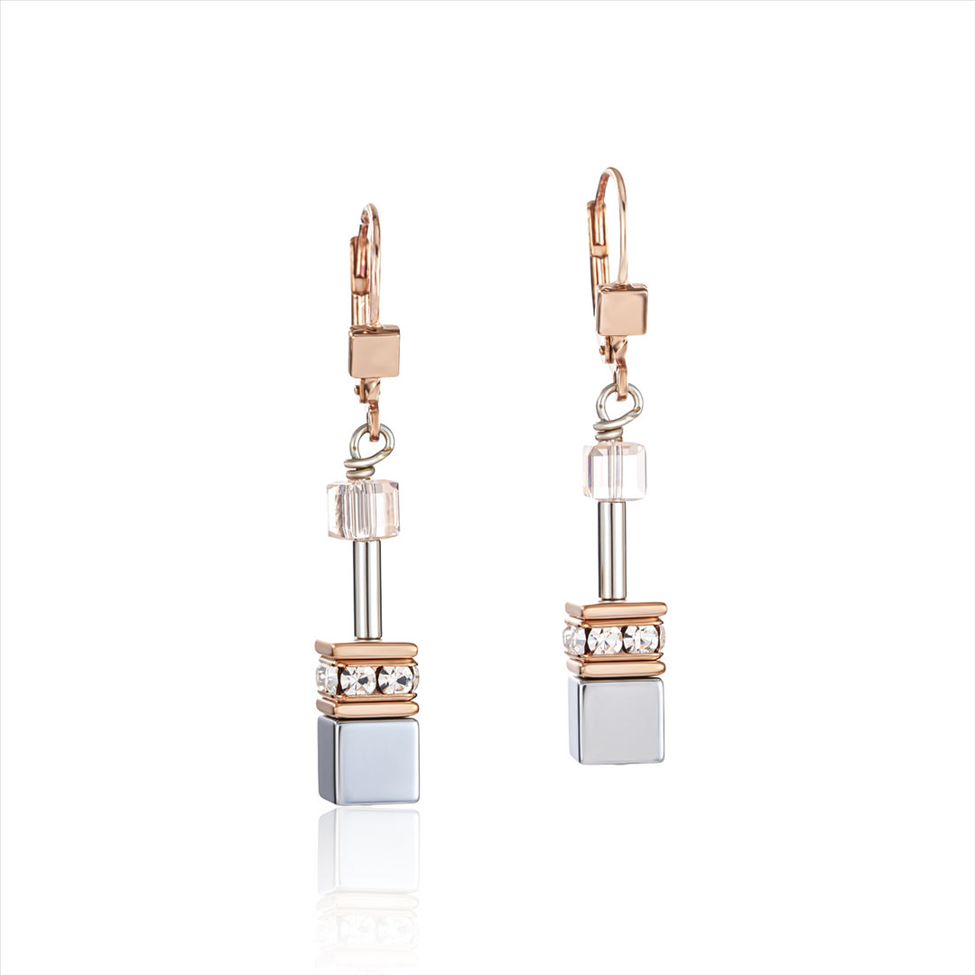 CDL - Natural selection-earrings, rose gold platinum stainless steel geo-cube in apricot & titanium oxide Hematite/rhinestone/glass & Swarovski crystals with sterling silver fittings
