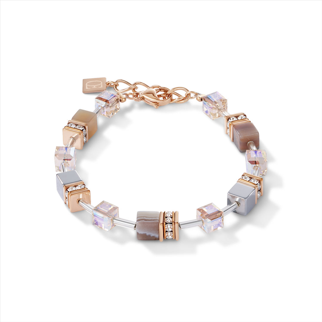 CDL - Natural selection-bracelet, geo-cube rose gold platinum stainless steel with Botswana agate/ rhinestone, oxide titanium Haematite & Swarovski crystals
