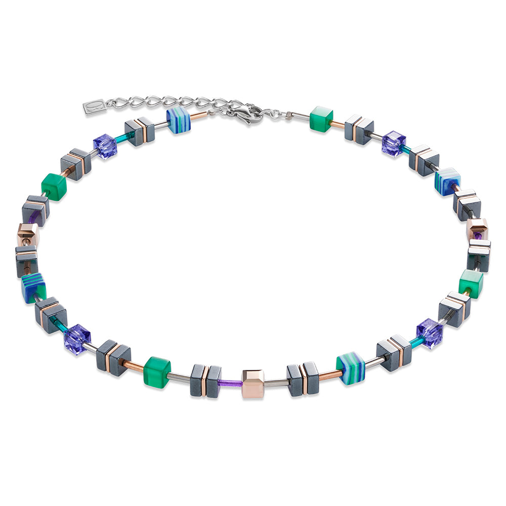 CDL - Rose gold plated stainless steel with green/purple coloured Synthetic Tiger eye & malachite, haematite & Swarovski crystals