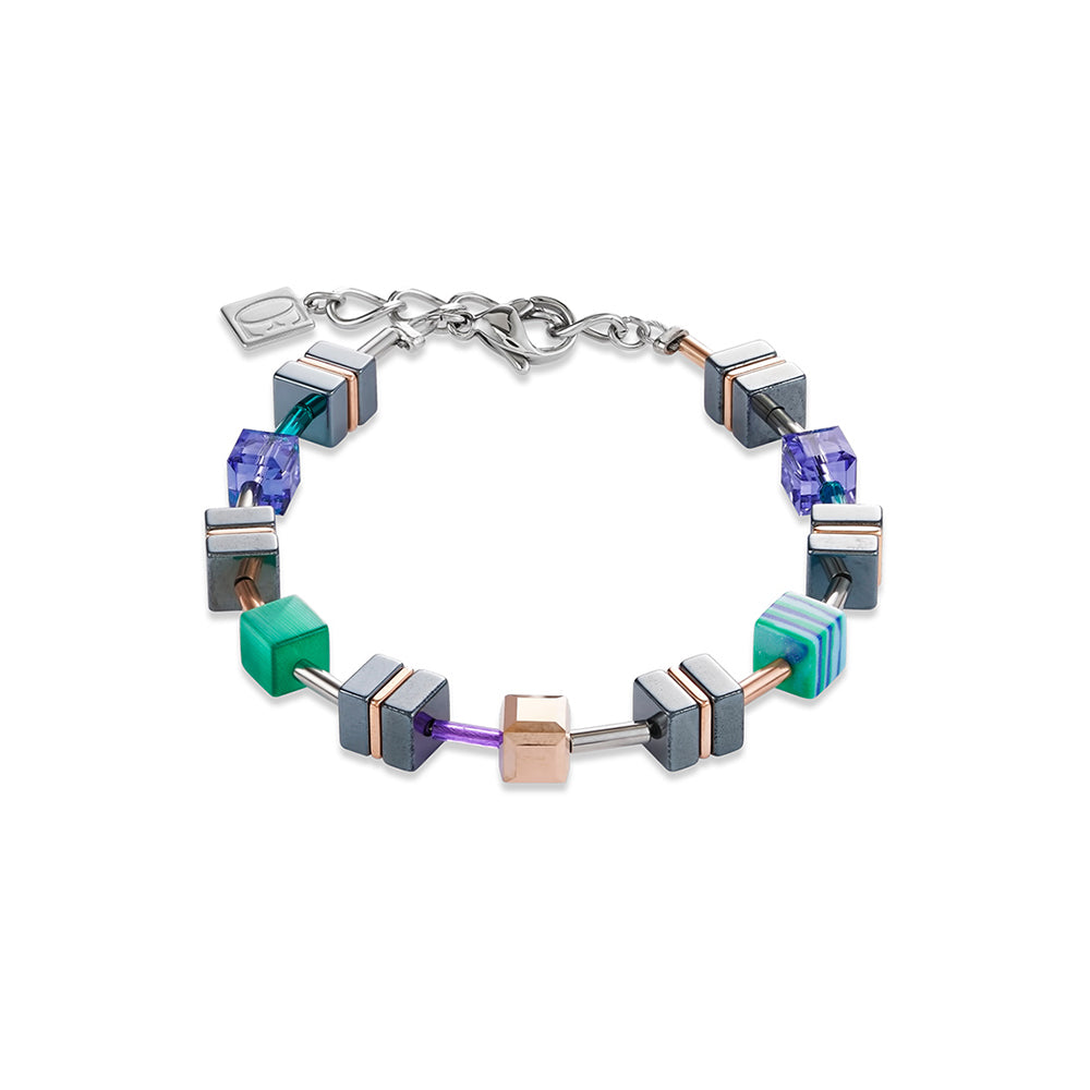 CDL - Rose gold plated stainless steel with green/purple coloured synthetic tiger eye & Malachite, Haematite & Swarovski crystals