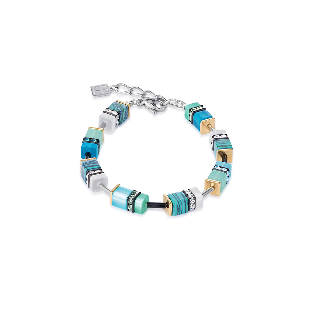 Bracelet - CDL - st/stl & gold plated turquoise geo cube w/rhinestones/syn malachite/glass/polaris