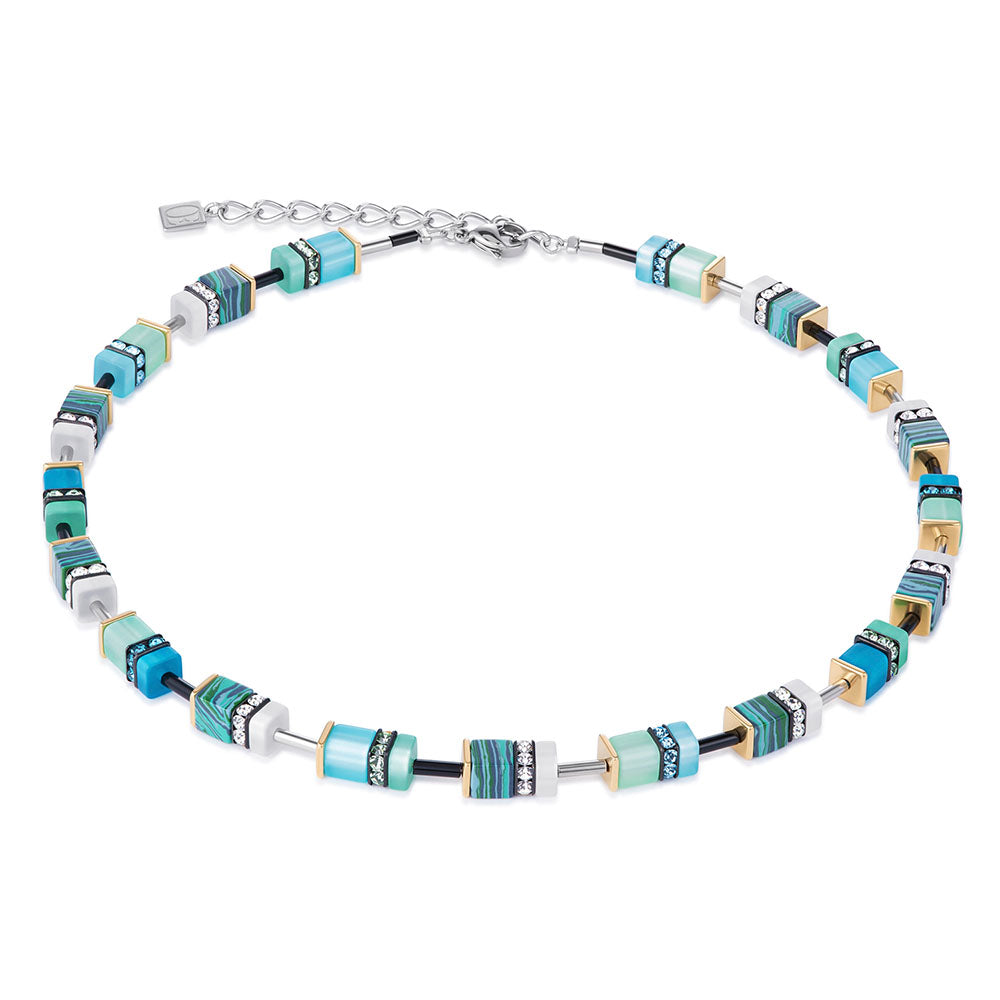 Necklace - CDL - st/stl & gold plated turquoise geo cube w/rhinestones/syn malachite/glass/polaris