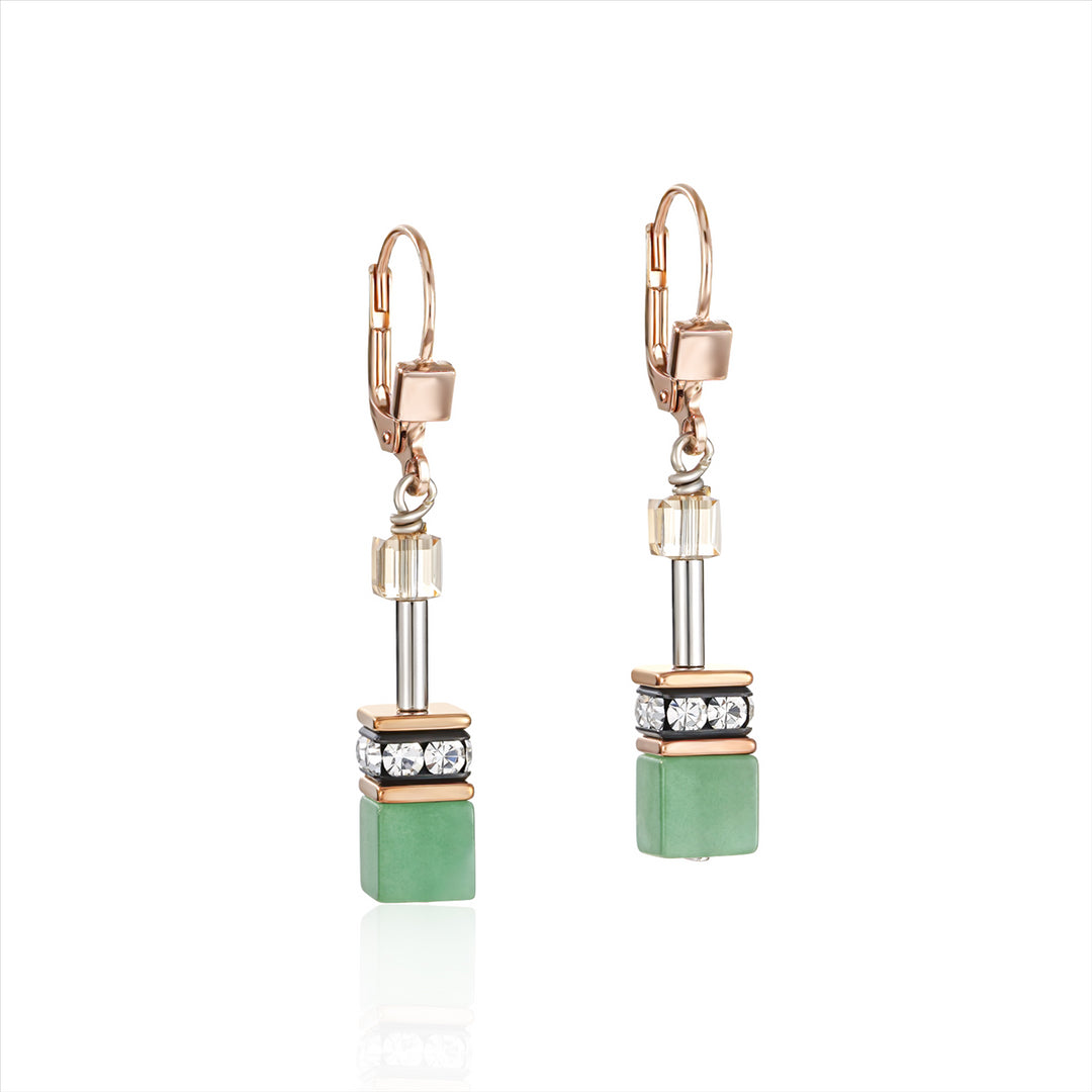 Earrings - CDL - natural selection- earrings geo-cuberose gold platinum stainless steel w/amazonite, rhinestone rondelles & swarovski crystals with sterling silver fittings