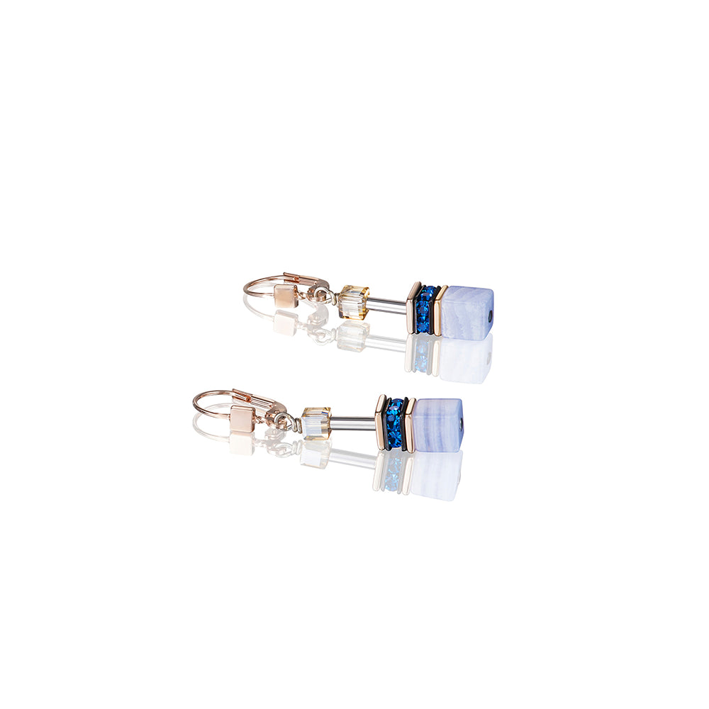 CDL - Natural selection- earrings geo-cuberose gold platinum stainless steel w/chalcedony, rhinestone rondelles & swarovski crystals with stirling silver fittings