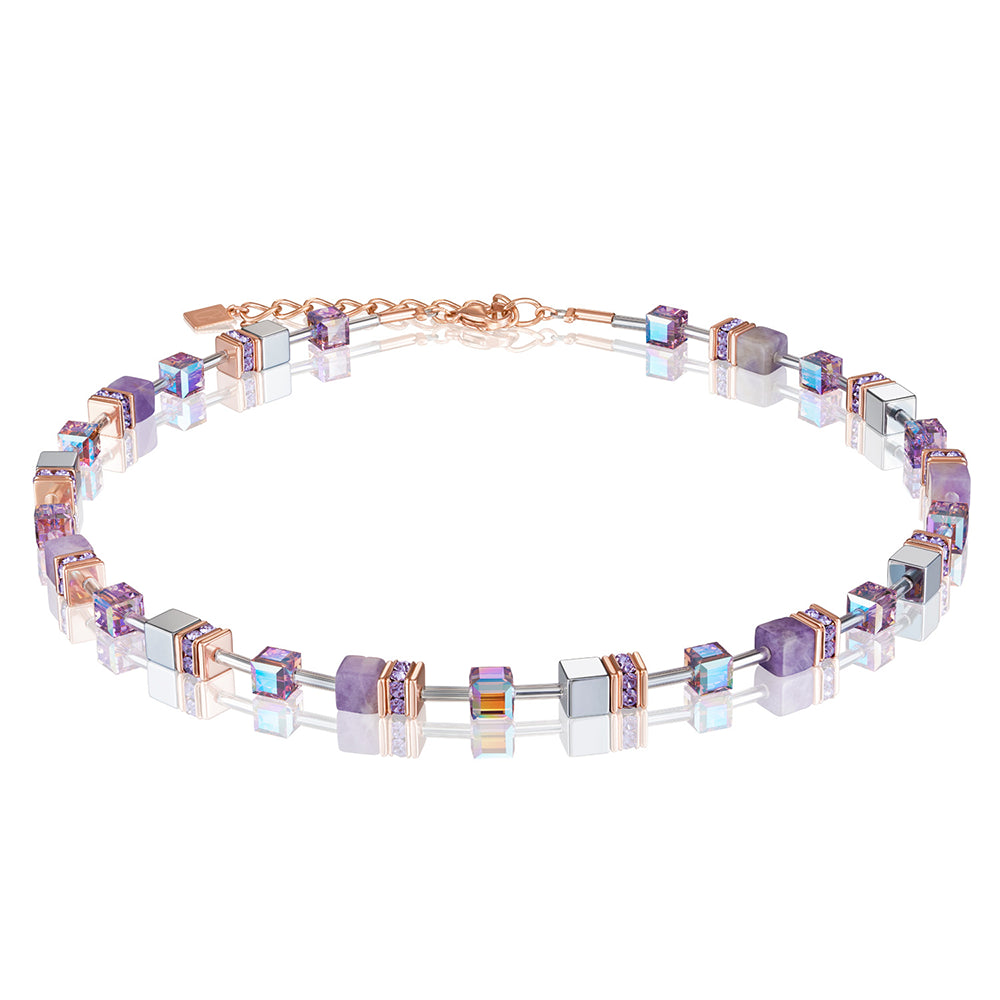 Necklace - CDL - Natural selection-necklace geo-cube rose gold platinum st/stl with Amethyst/ rhinestone, oxide titanium haematite & Swarovski crrystals